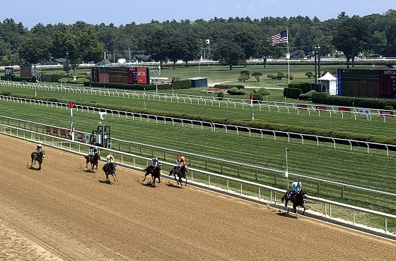 Horse race on a dirt track with jockeys riding near the inside rail, green infield, and trees in the background.