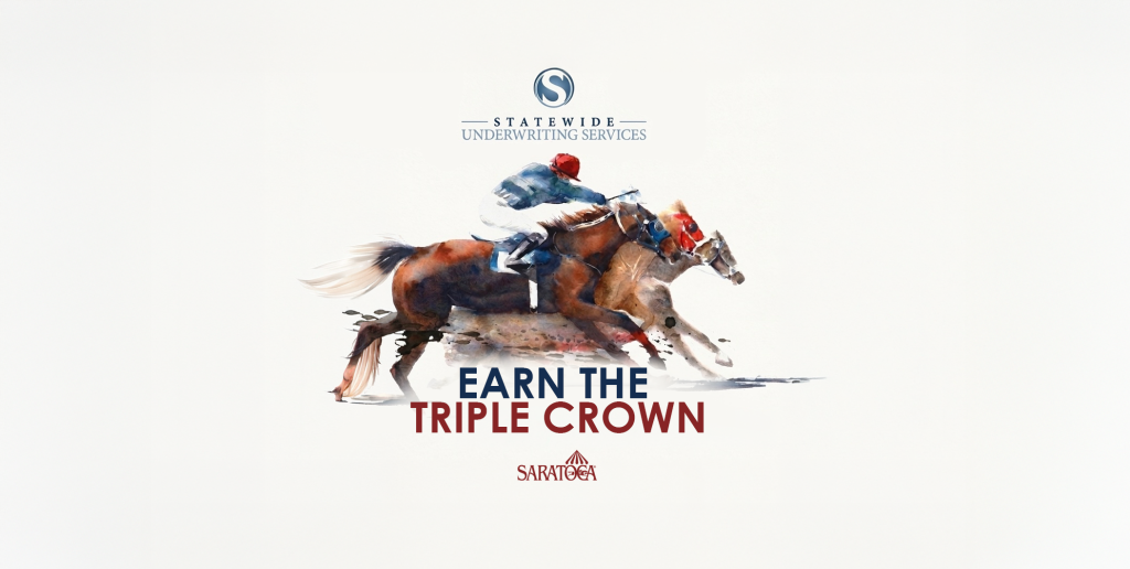 Watercolor-style illustration of two jockeys racing on horses, promoting the Saratoga Triple Crown with a Statewide Underwriting Services logo above